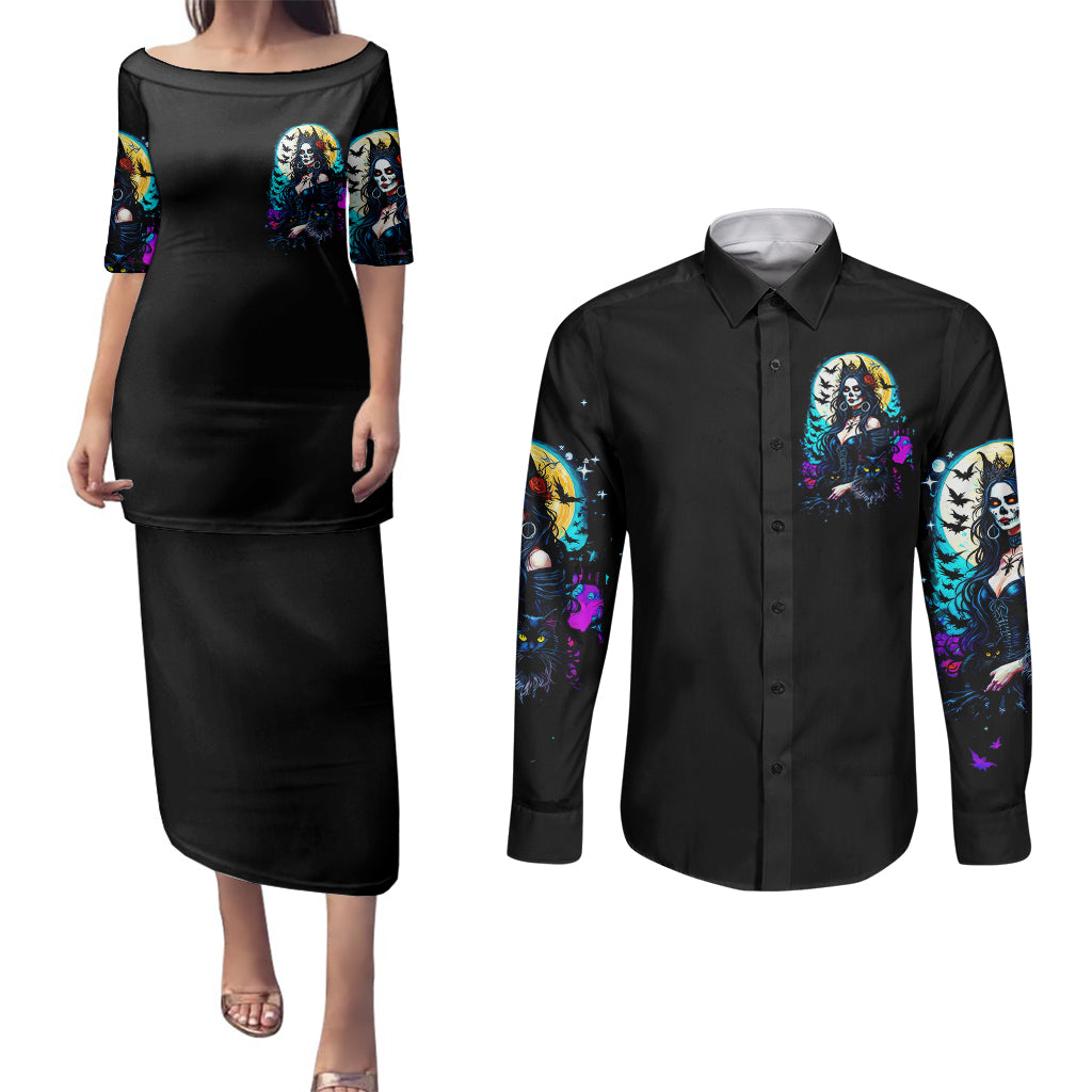 witch-skull-couples-matching-puletasi-dress-and-long-sleeve-button-shirts-bitch-im-not-a-princess-im-the-fucking-queen