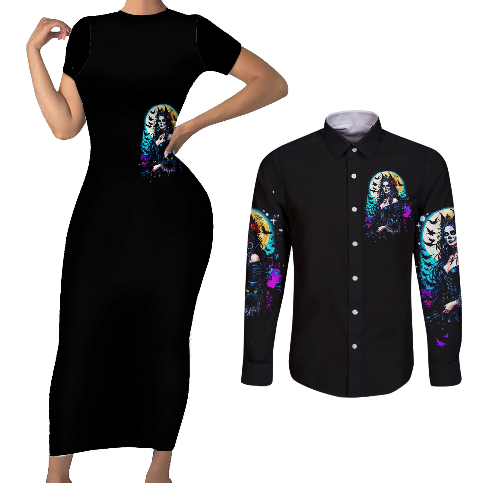 witch-skull-couples-matching-short-sleeve-bodycon-dress-and-long-sleeve-button-shirts-bitch-im-not-a-princess-im-the-fucking-queen