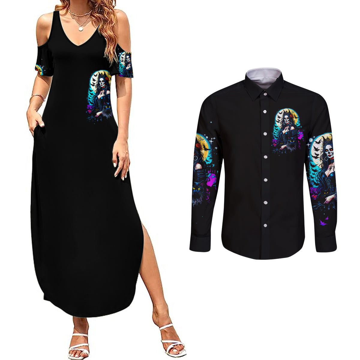 witch-skull-couples-matching-summer-maxi-dress-and-long-sleeve-button-shirts-bitch-im-not-a-princess-im-the-fucking-queen
