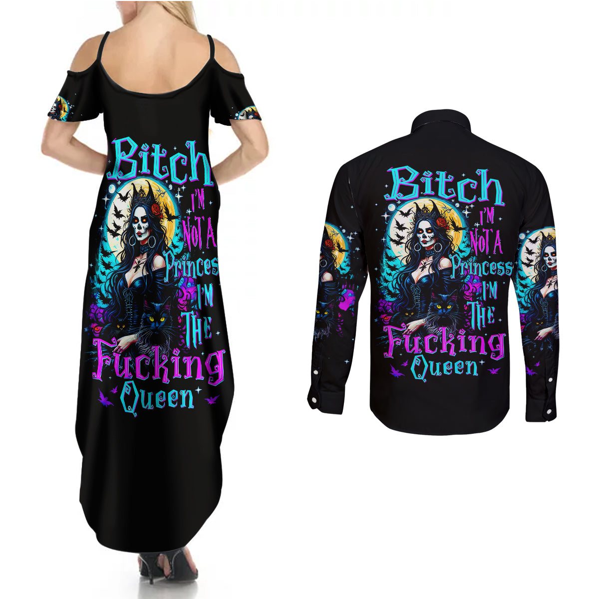 witch-skull-couples-matching-summer-maxi-dress-and-long-sleeve-button-shirts-bitch-im-not-a-princess-im-the-fucking-queen