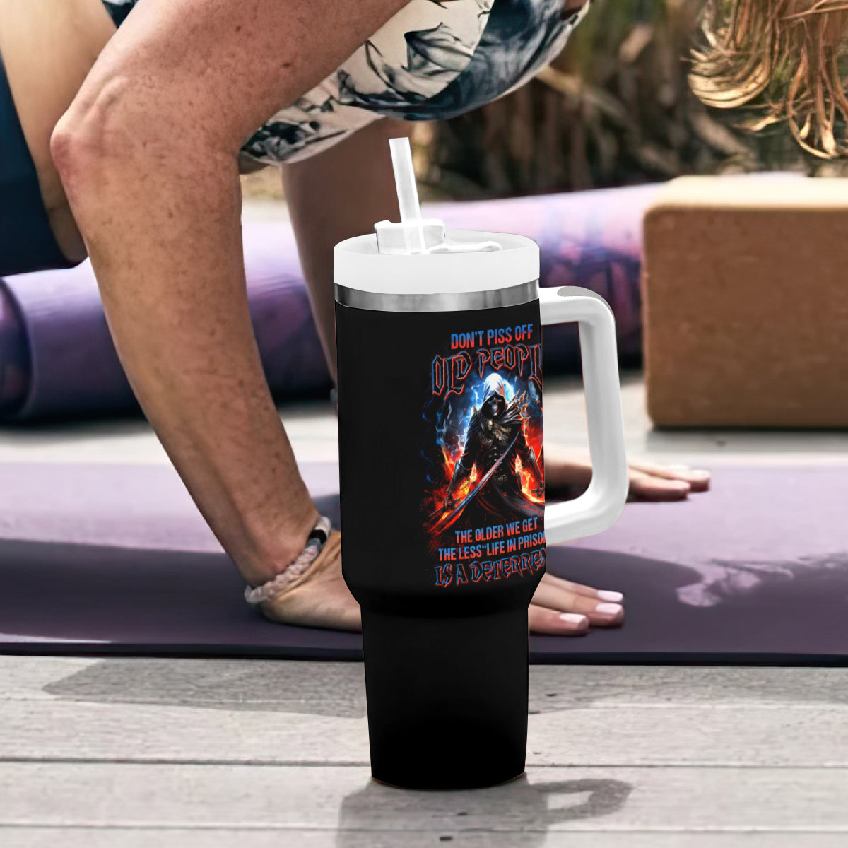 Warrior Skull Tumbler With Handle Don't Pss Off Old People