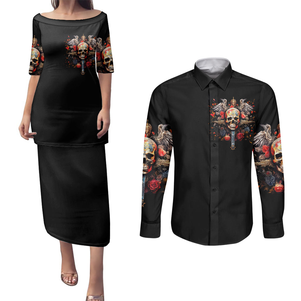 cross-skull-couples-matching-puletasi-dress-and-long-sleeve-button-shirts-honesty-loyalty-and-respect-worth-more-than-gold-diamond