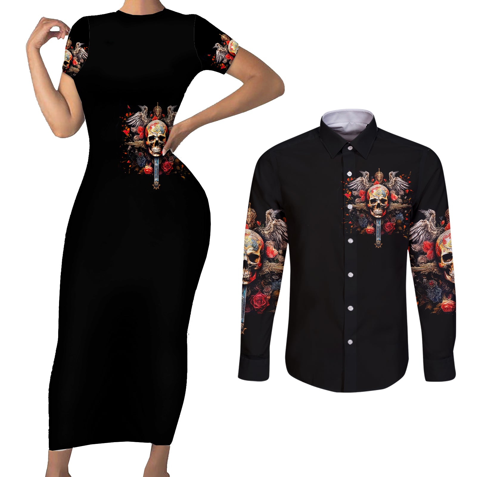 cross-skull-couples-matching-short-sleeve-bodycon-dress-and-long-sleeve-button-shirts-honesty-loyalty-and-respect-worth-more-than-gold-diamond
