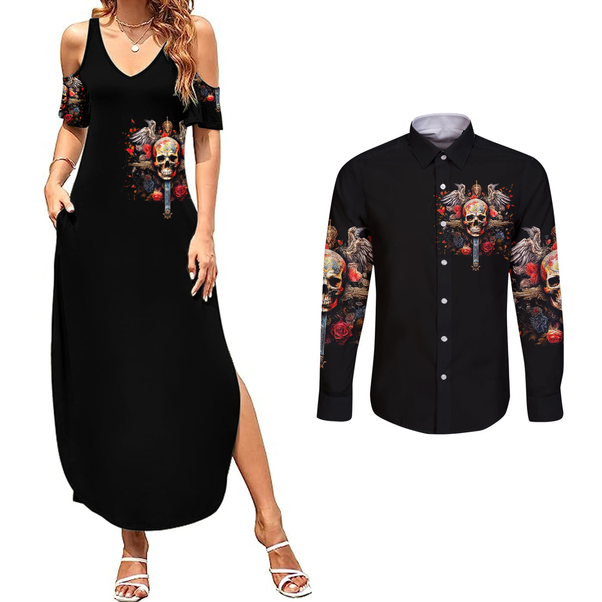 cross-skull-couples-matching-summer-maxi-dress-and-long-sleeve-button-shirts-honesty-loyalty-and-respect-worth-more-than-gold-diamond