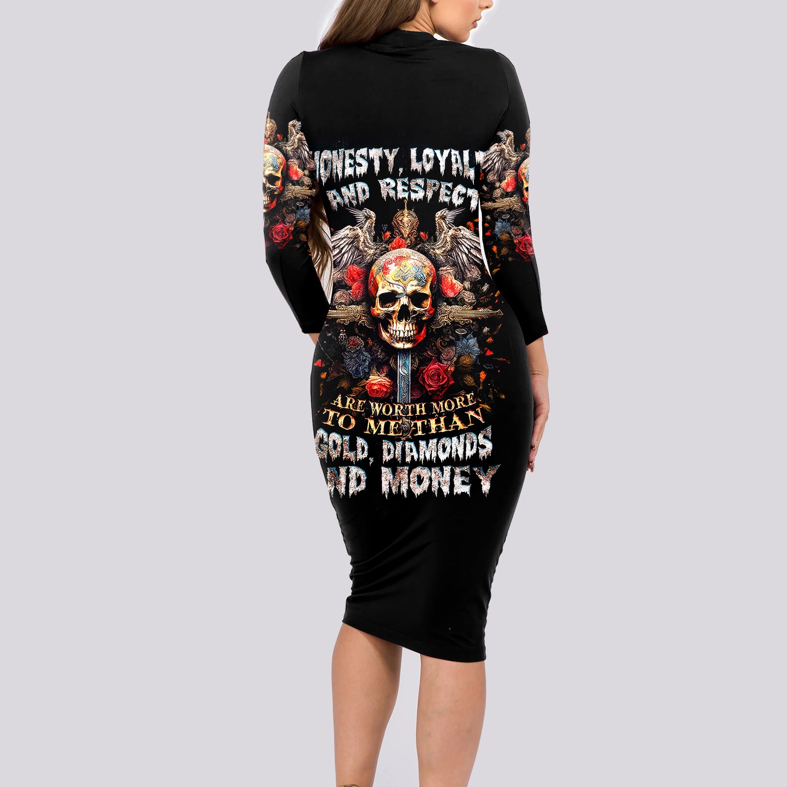 cross-skull-long-sleeve-bodycon-dress-honesty-loyalty-and-respect-worth-more-than-gold-diamond