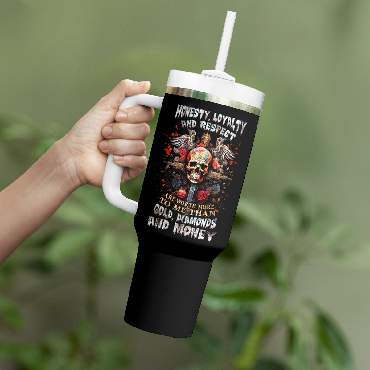Cross Skull Tumbler With Handle Honesty Loyalty And Respect Worth More Than Gold, Diamond