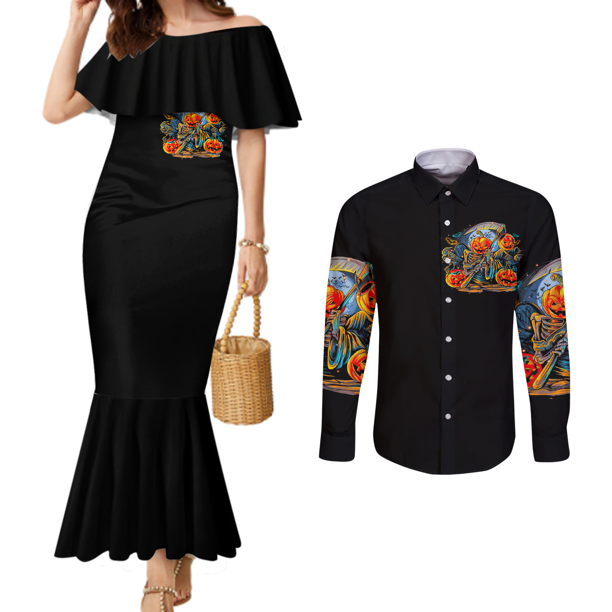 pumpkin-skull-couples-matching-mermaid-dress-and-long-sleeve-button-shirts-i-want-go-to-hell-the-devil-still-restraining-against-me