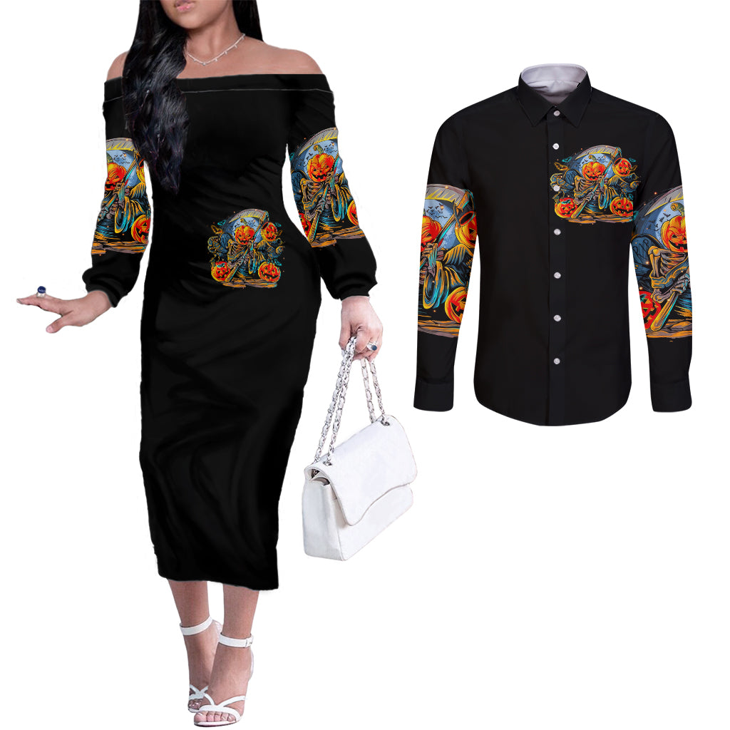 pumpkin-skull-couples-matching-off-the-shoulder-long-sleeve-dress-and-long-sleeve-button-shirts-i-want-go-to-hell-the-devil-still-restraining-against-me