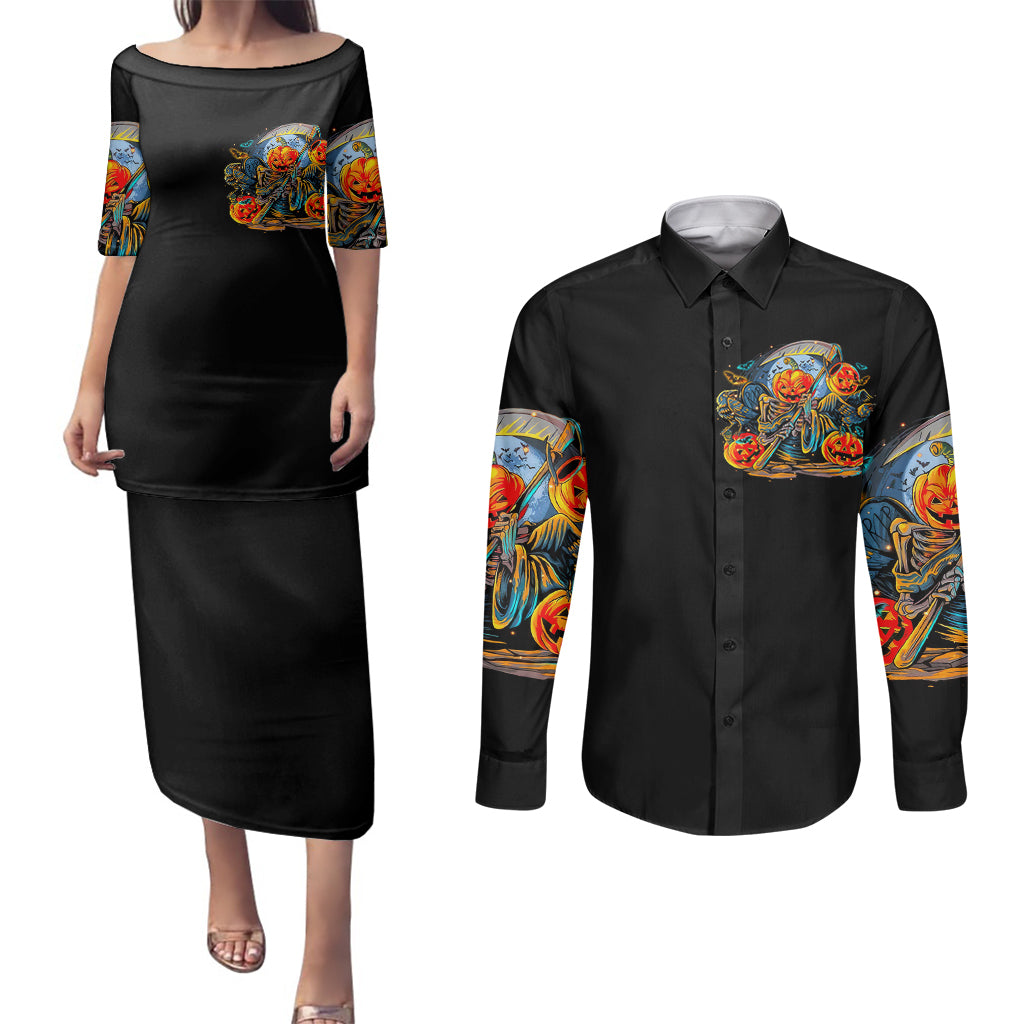 pumpkin-skull-couples-matching-puletasi-dress-and-long-sleeve-button-shirts-i-want-go-to-hell-the-devil-still-restraining-against-me