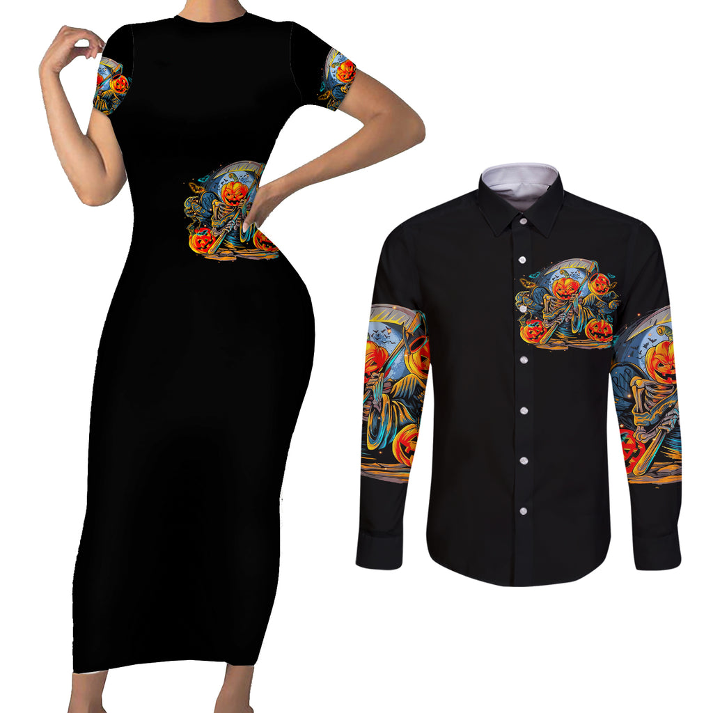 pumpkin-skull-couples-matching-short-sleeve-bodycon-dress-and-long-sleeve-button-shirts-i-want-go-to-hell-the-devil-still-restraining-against-me