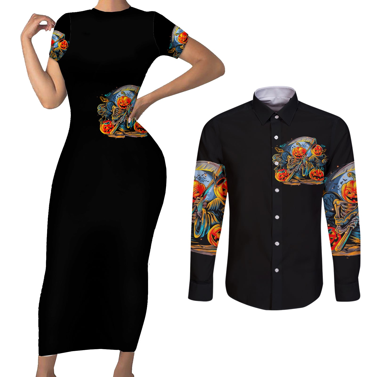 pumpkin-skull-couples-matching-short-sleeve-bodycon-dress-and-long-sleeve-button-shirts-i-want-go-to-hell-the-devil-still-restraining-against-me