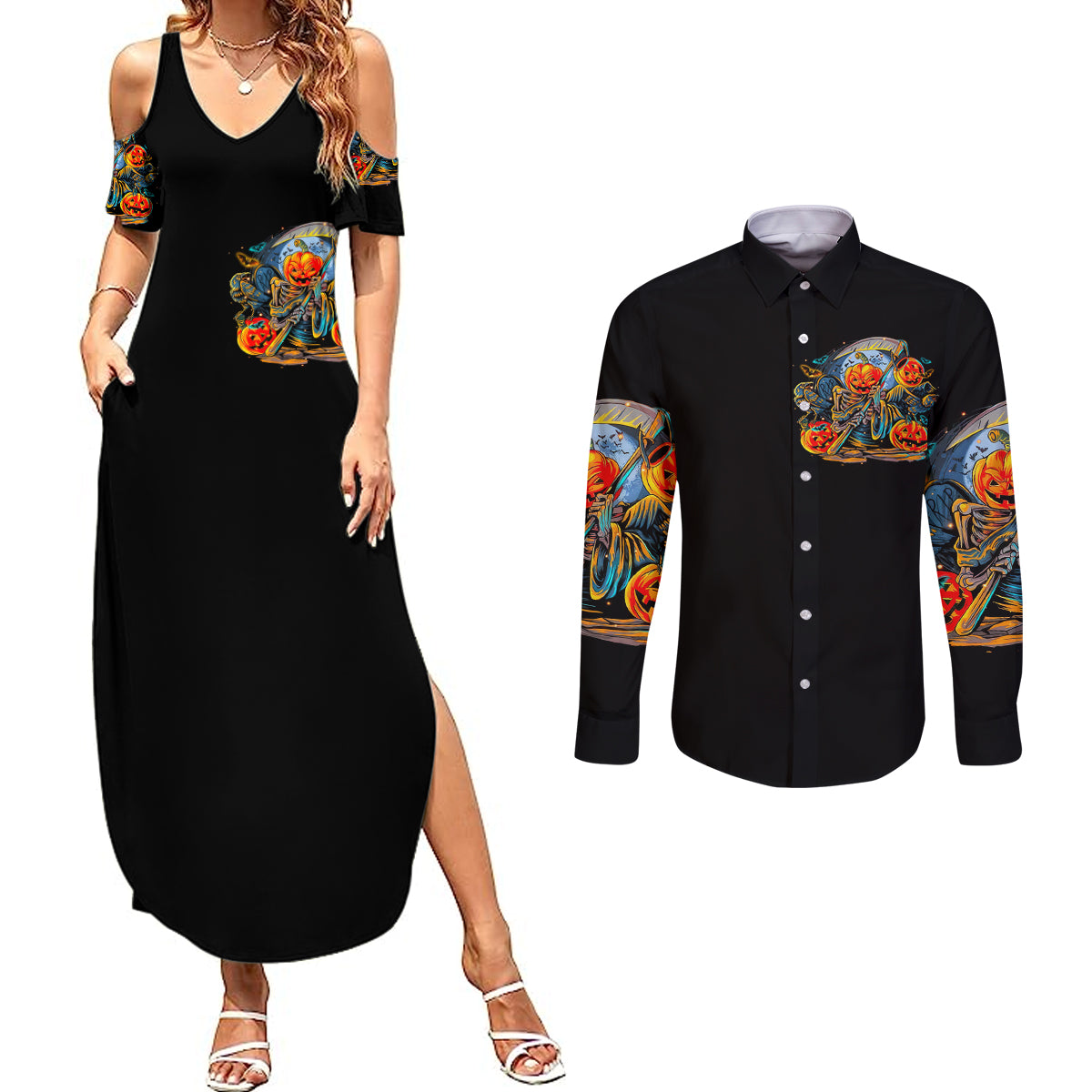 pumpkin-skull-couples-matching-summer-maxi-dress-and-long-sleeve-button-shirts-i-want-go-to-hell-the-devil-still-restraining-against-me
