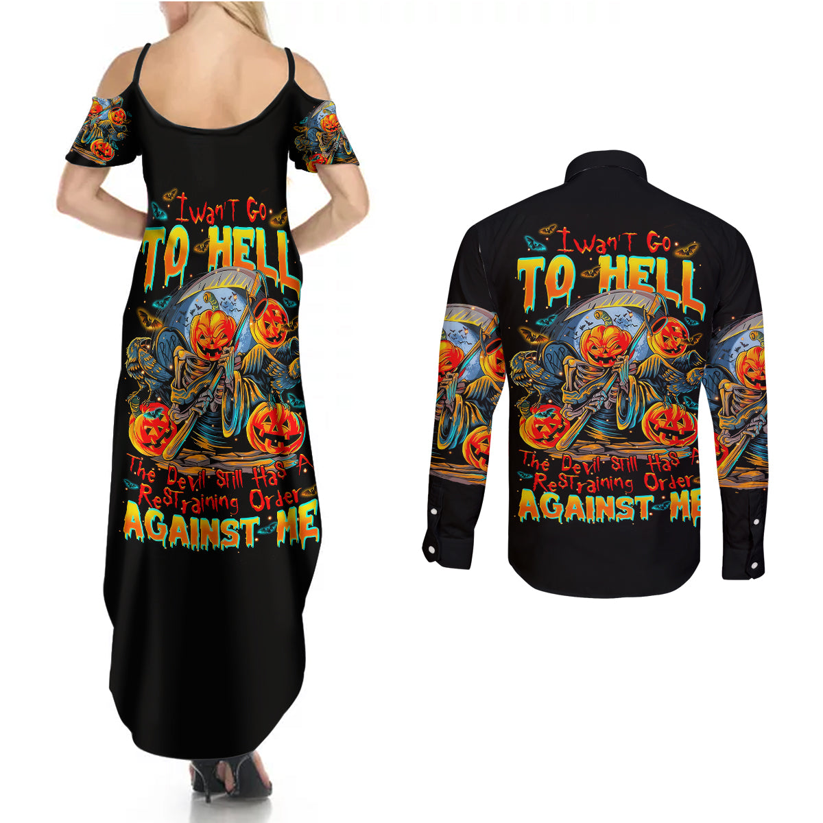pumpkin-skull-couples-matching-summer-maxi-dress-and-long-sleeve-button-shirts-i-want-go-to-hell-the-devil-still-restraining-against-me