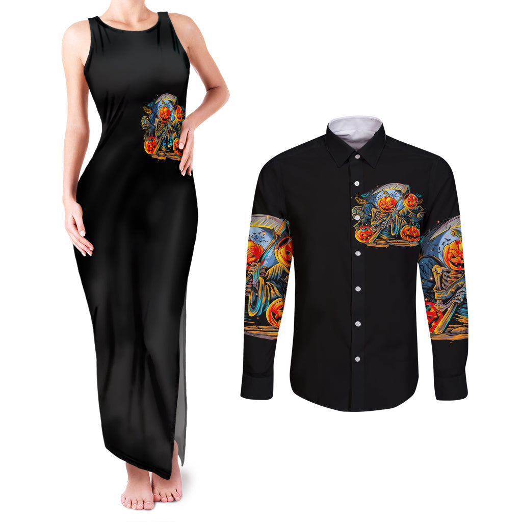 pumpkin-skull-couples-matching-tank-maxi-dress-and-long-sleeve-button-shirts-i-want-go-to-hell-the-devil-still-restraining-against-me