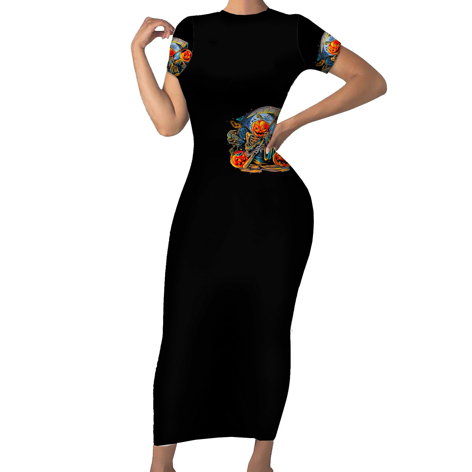 pumpkin-skull-short-sleeve-bodycon-dress-i-want-go-to-hell-the-devil-still-restraining-against-me