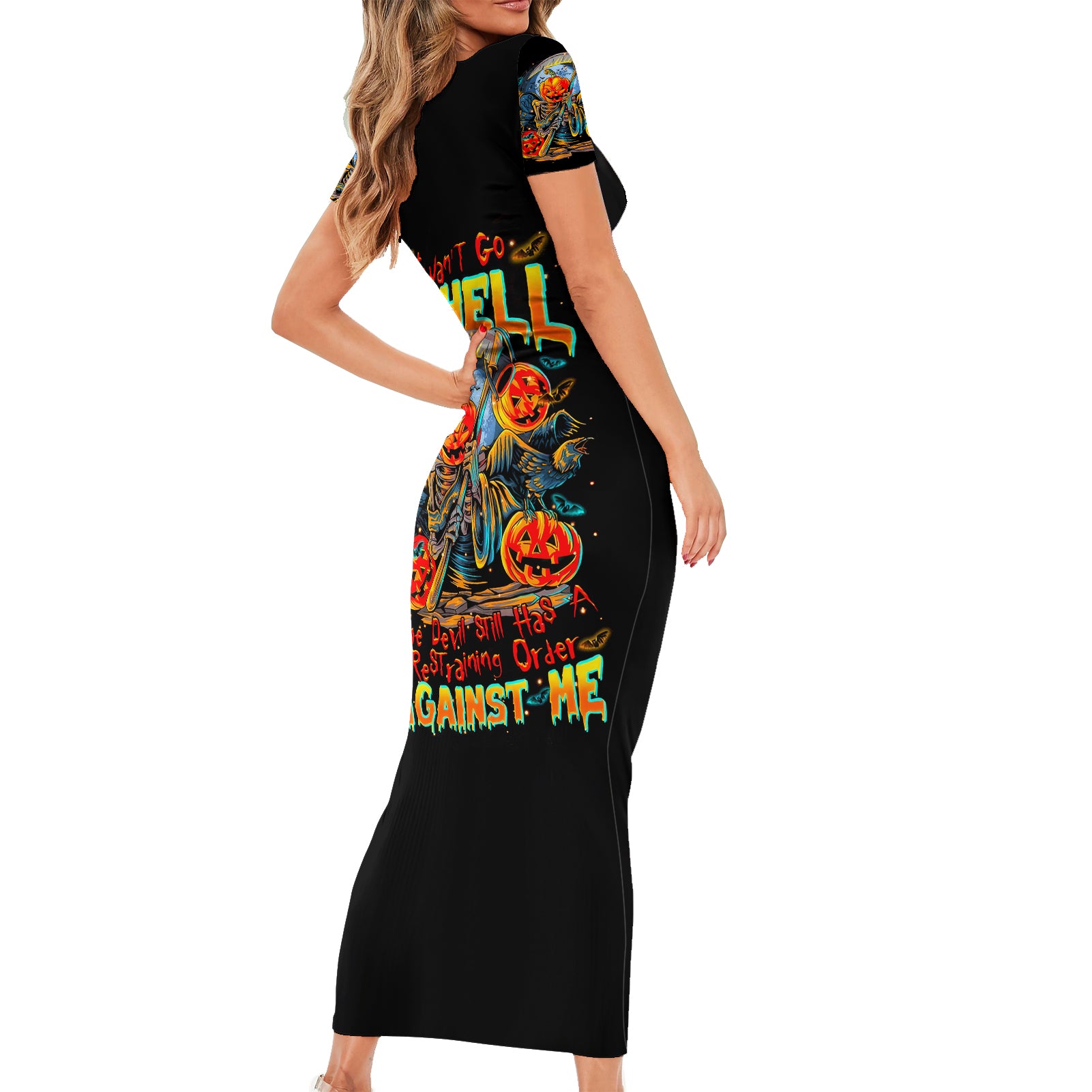 pumpkin-skull-short-sleeve-bodycon-dress-i-want-go-to-hell-the-devil-still-restraining-against-me