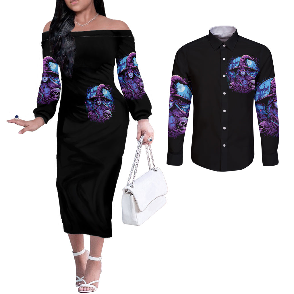 witch-skull-couples-matching-off-the-shoulder-long-sleeve-dress-and-long-sleeve-button-shirts-iam-who-iam-your-approval-isnt-need