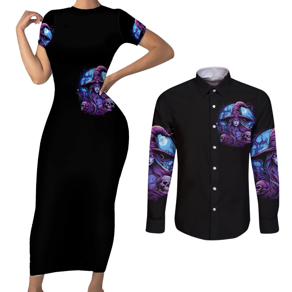witch-skull-couples-matching-short-sleeve-bodycon-dress-and-long-sleeve-button-shirts-iam-who-iam-your-approval-isnt-need