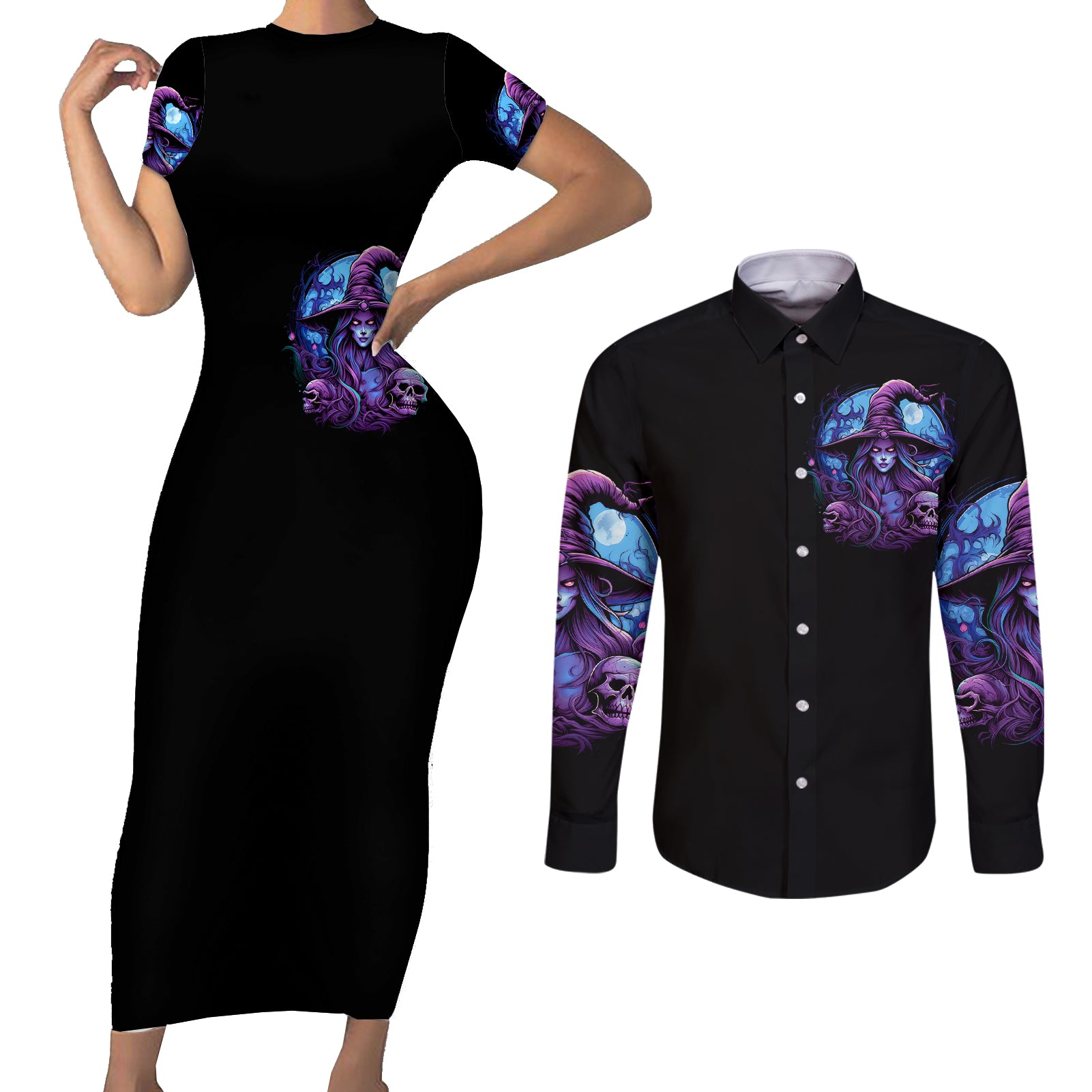 witch-skull-couples-matching-short-sleeve-bodycon-dress-and-long-sleeve-button-shirts-iam-who-iam-your-approval-isnt-need