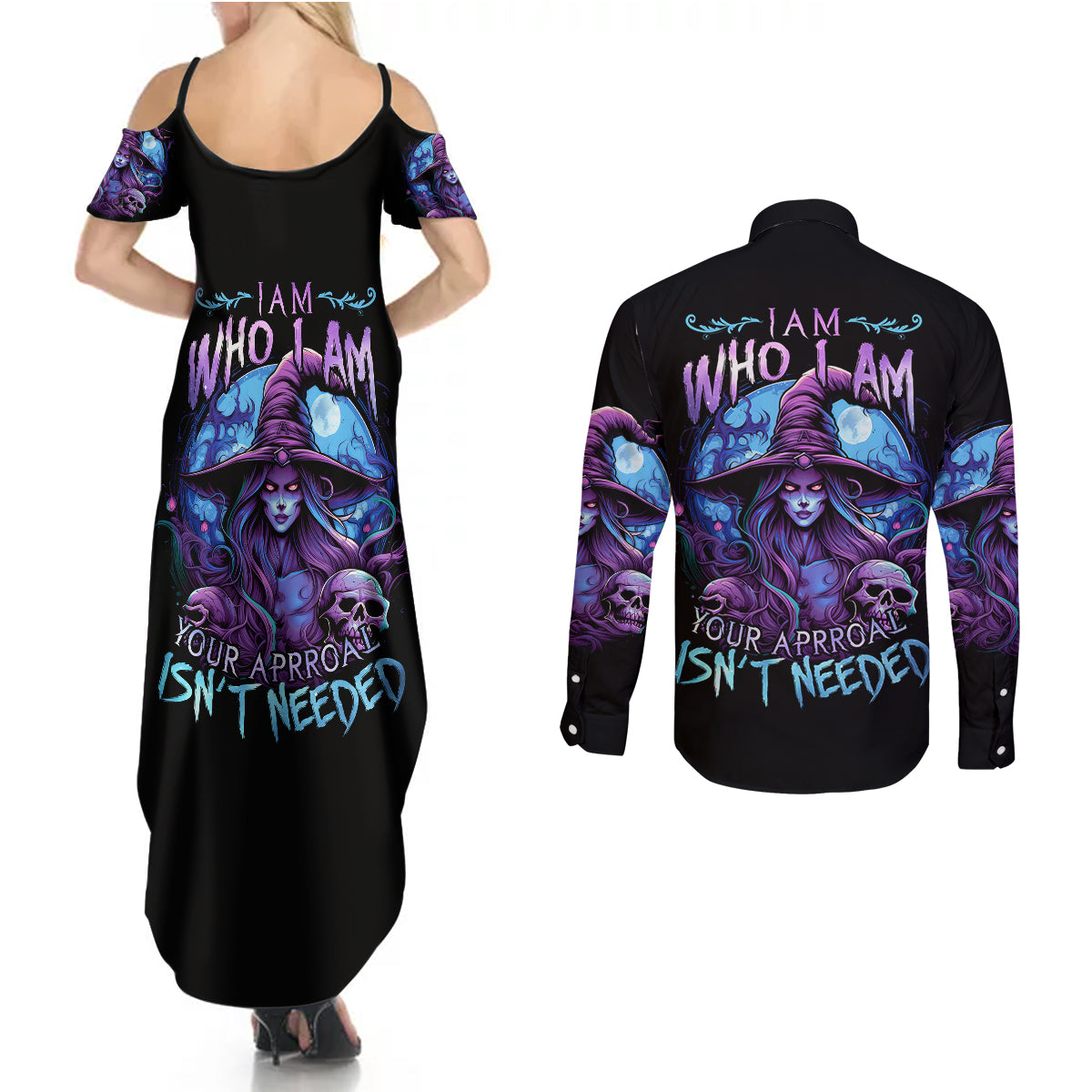 witch-skull-couples-matching-summer-maxi-dress-and-long-sleeve-button-shirts-iam-who-iam-your-approval-isnt-need