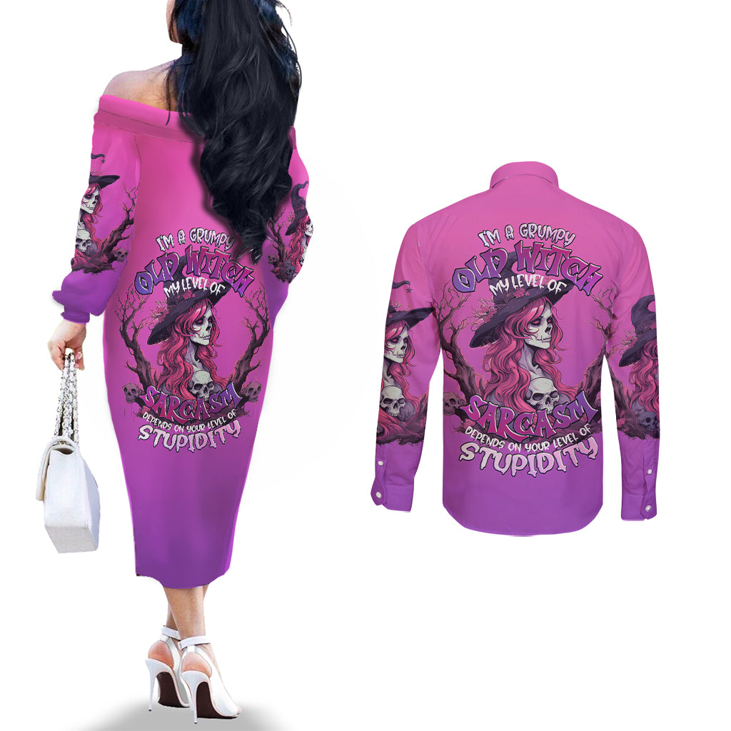 witch-skull-couples-matching-off-the-shoulder-long-sleeve-dress-and-long-sleeve-button-shirts-im-a-grumpy-old-lady-sarcasm-depends-on-your-stupidity