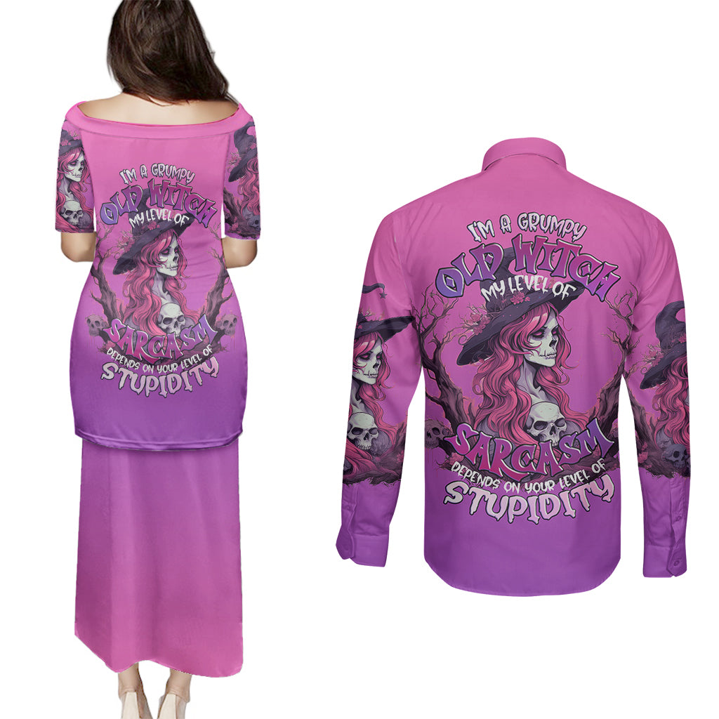witch-skull-couples-matching-puletasi-dress-and-long-sleeve-button-shirts-im-a-grumpy-old-lady-sarcasm-depends-on-your-stupidity