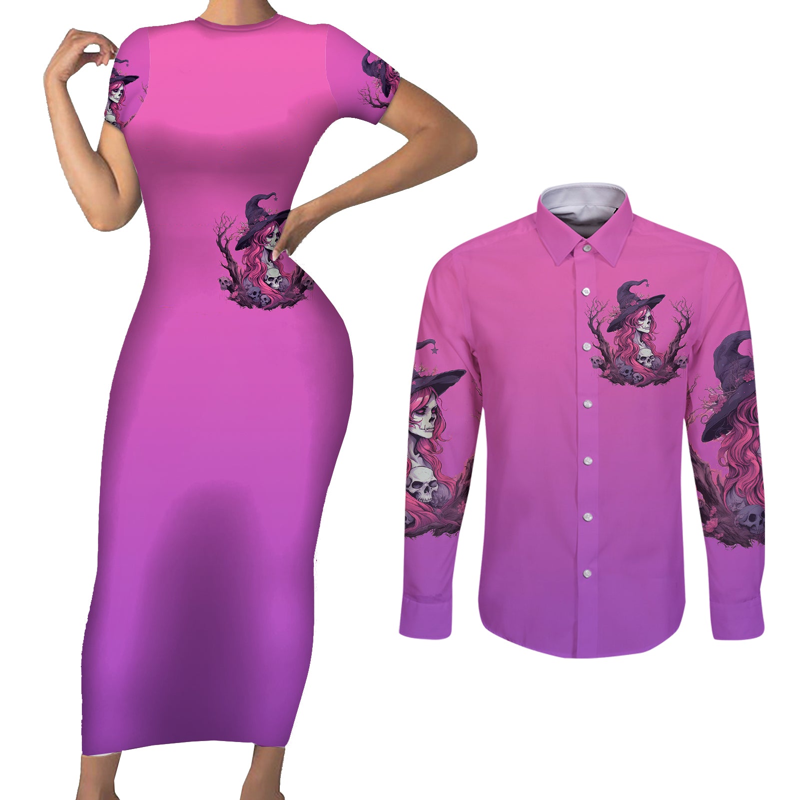 witch-skull-couples-matching-short-sleeve-bodycon-dress-and-long-sleeve-button-shirts-im-a-grumpy-old-lady-sarcasm-depends-on-your-stupidity