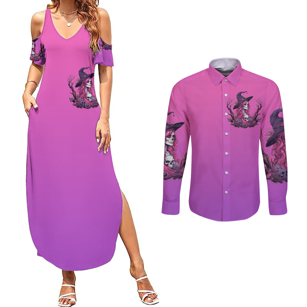 witch-skull-couples-matching-summer-maxi-dress-and-long-sleeve-button-shirts-im-a-grumpy-old-lady-sarcasm-depends-on-your-stupidity