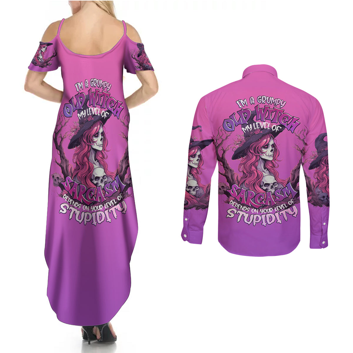 witch-skull-couples-matching-summer-maxi-dress-and-long-sleeve-button-shirts-im-a-grumpy-old-lady-sarcasm-depends-on-your-stupidity
