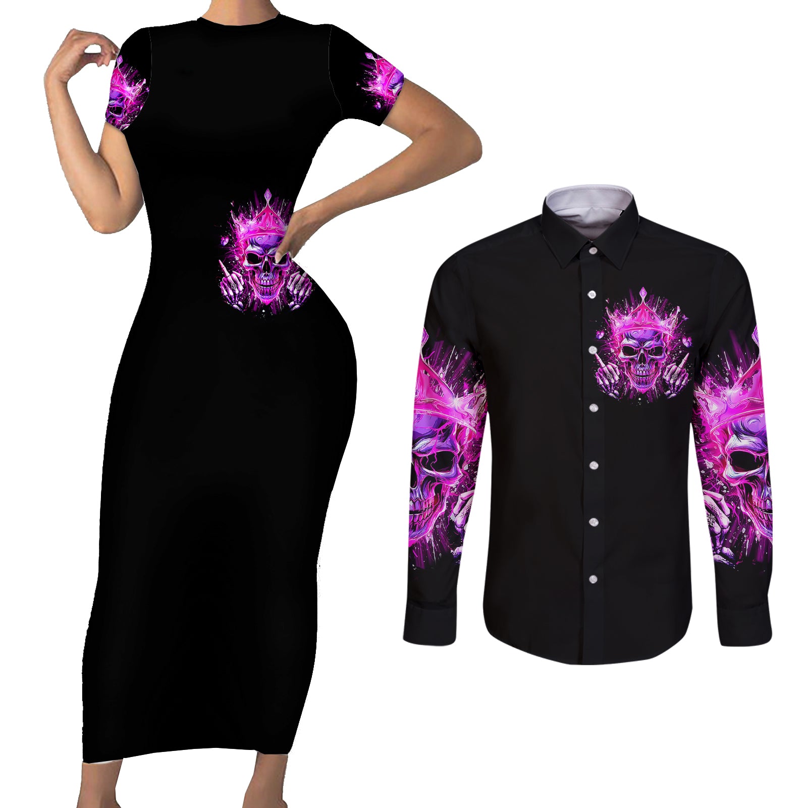 queen-skull-couples-matching-short-sleeve-bodycon-dress-and-long-sleeve-button-shirts-bitch-im-not-a-princess-im-the-fucking-queen