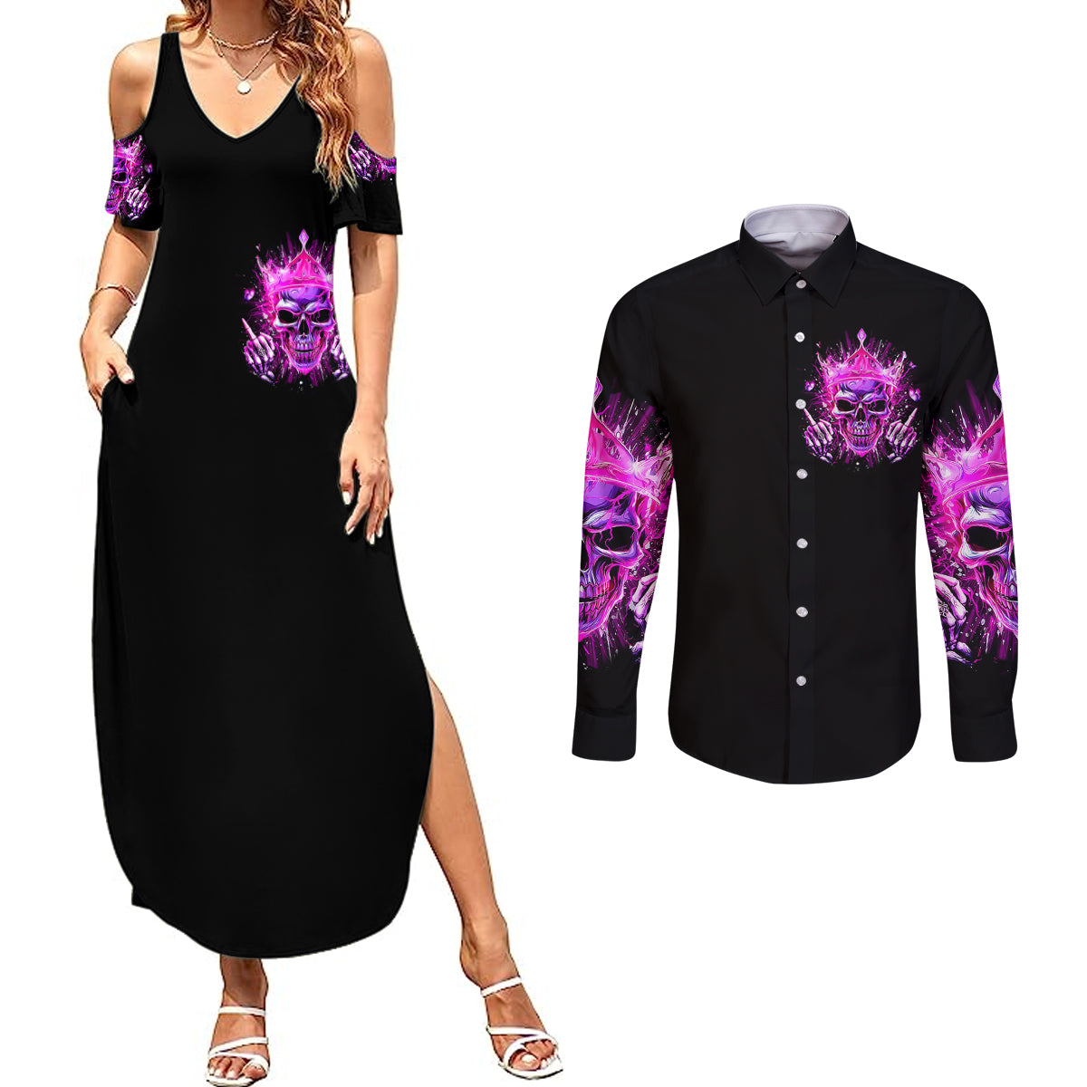 queen-skull-couples-matching-summer-maxi-dress-and-long-sleeve-button-shirts-bitch-im-not-a-princess-im-the-fucking-queen