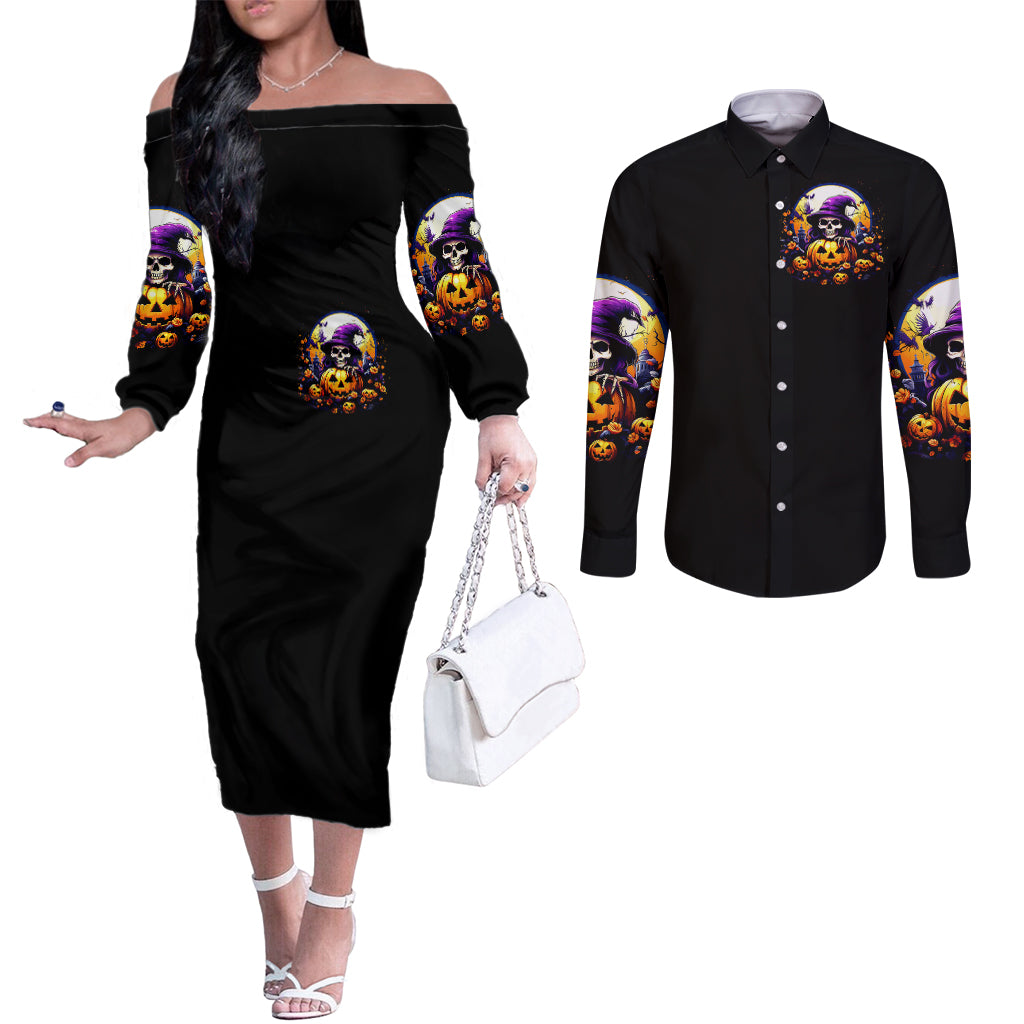pumpkin-witch-skull-couples-matching-off-the-shoulder-long-sleeve-dress-and-long-sleeve-button-shirts-in-my-defense-the-moon-was-full-and-i-was-left-unsupervided