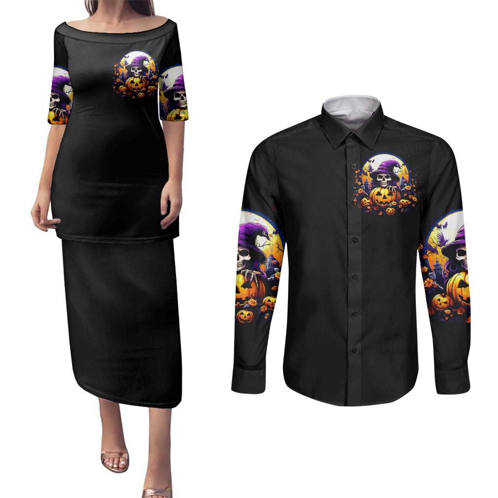 pumpkin-witch-skull-couples-matching-puletasi-dress-and-long-sleeve-button-shirts-in-my-defense-the-moon-was-full-and-i-was-left-unsupervided