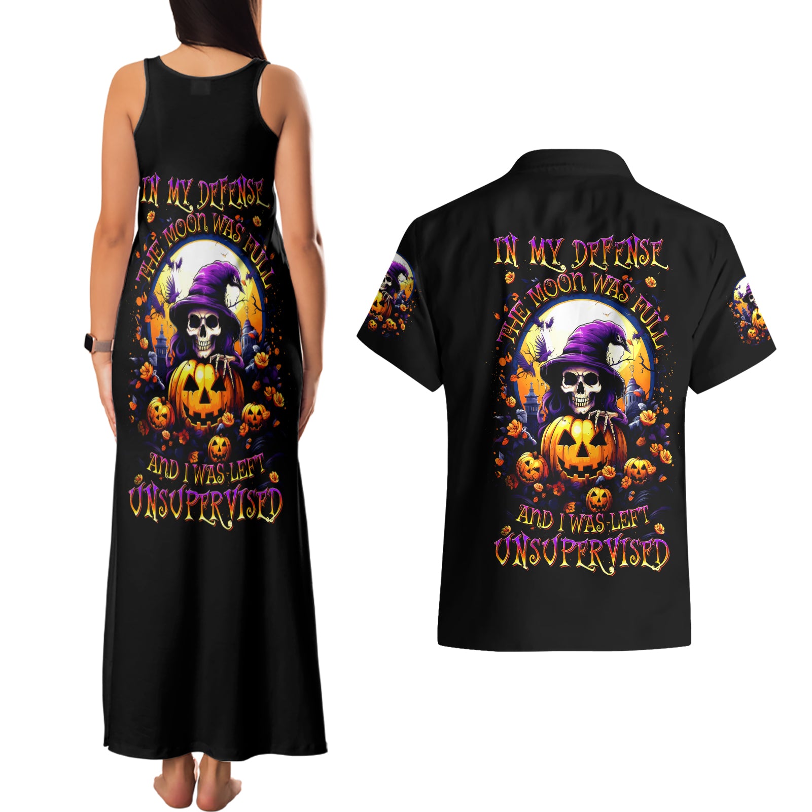 Pumpkin Witch Skull Couples Matching Tank Maxi Dress and Hawaiian Shirt In My Defense The Moon Was Full And I Was Left Unsupervided