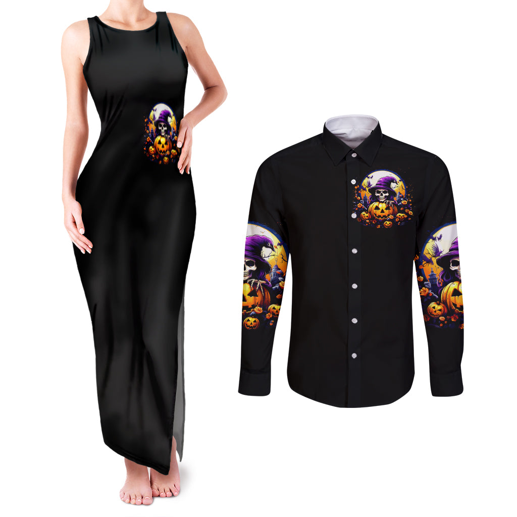 Pumpkin Witch Skull Couples Matching Tank Maxi Dress and Long Sleeve Button Shirt In My Defense The Moon Was Full And I Was Left Unsupervided