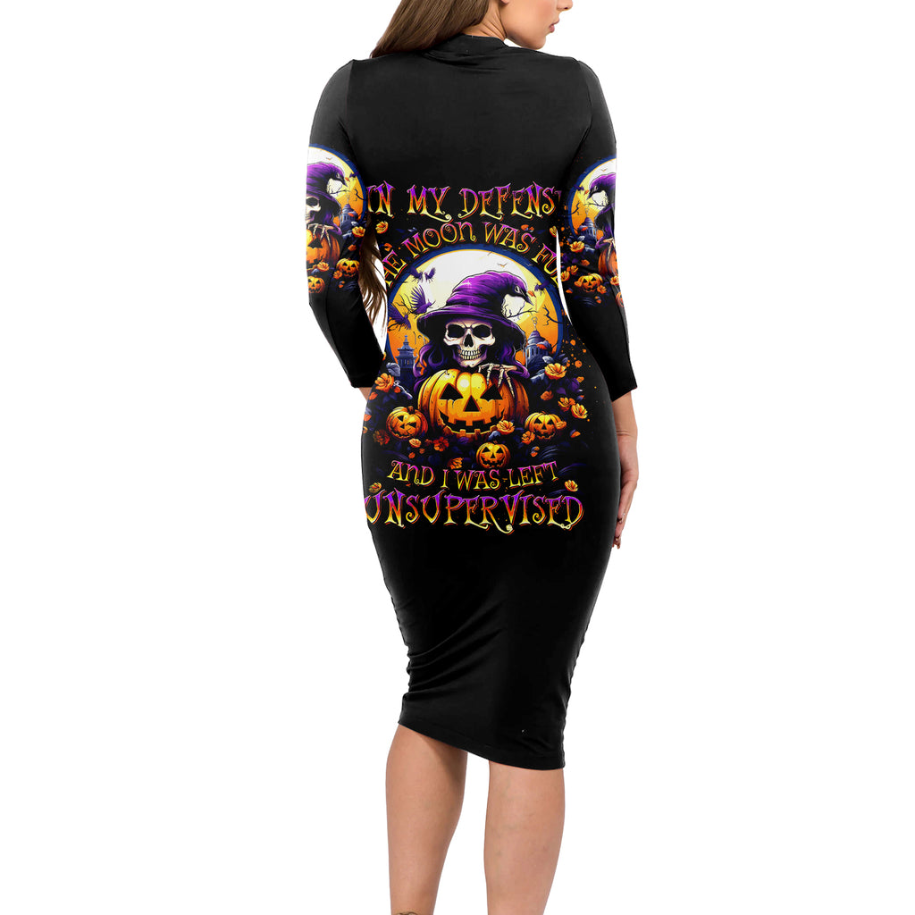Pumpkin Witch Skull Long Sleeve Bodycon Dress In My Defense The Moon Was Full And I Was Left Unsupervided