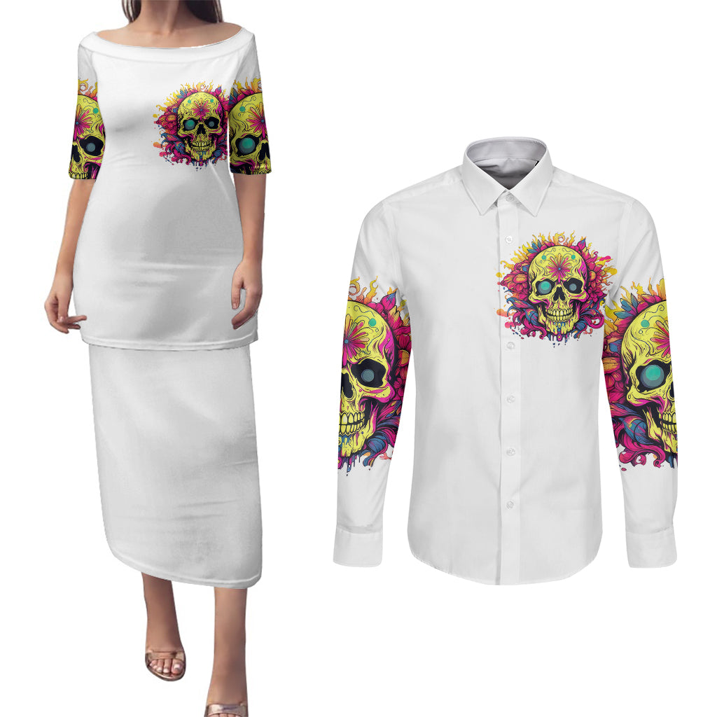 flower-skull-couples-matching-puletasi-dress-and-long-sleeve-button-shirts-judge-me-when-youre-perfect-otherwise-shut-up