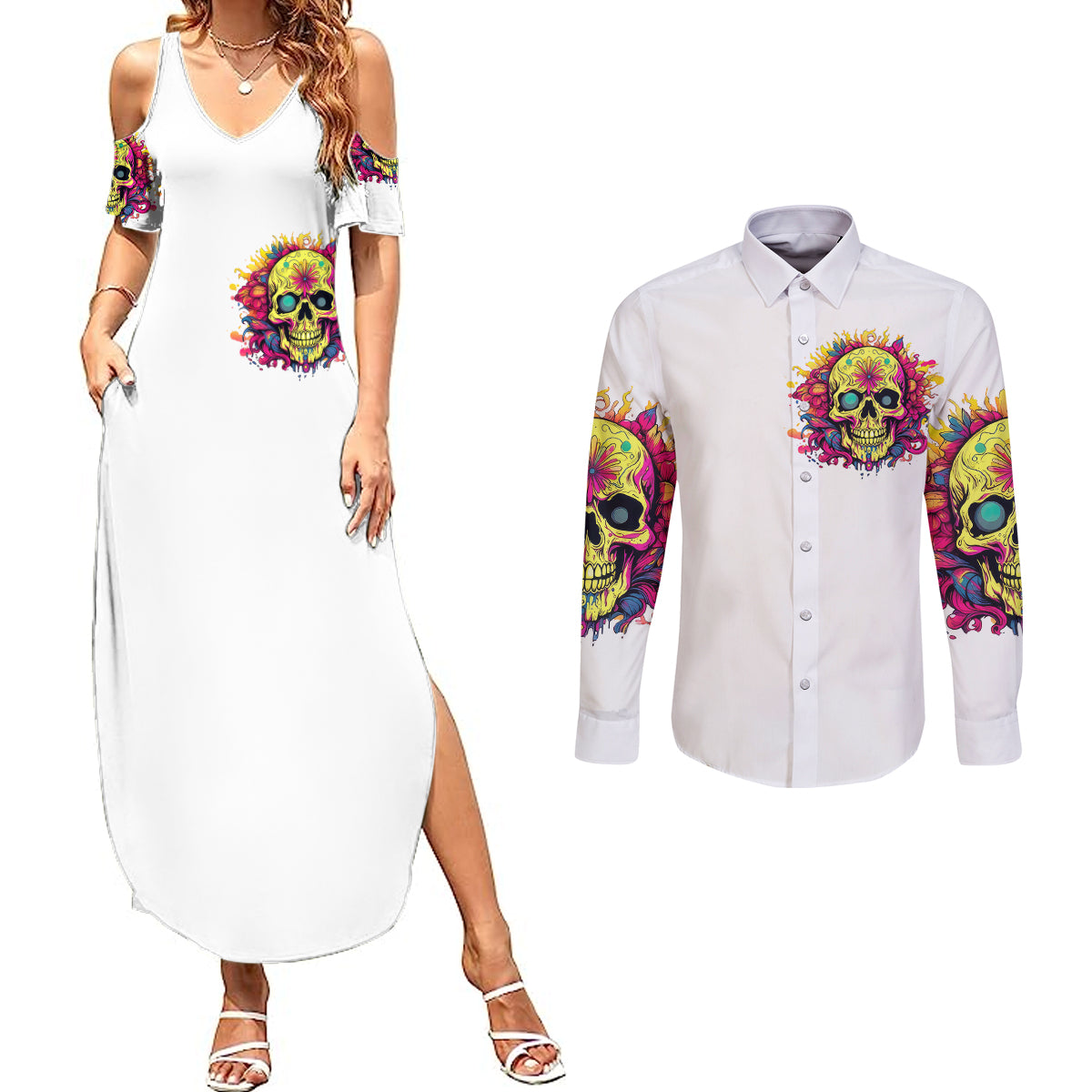 flower-skull-couples-matching-summer-maxi-dress-and-long-sleeve-button-shirts-judge-me-when-youre-perfect-otherwise-shut-up