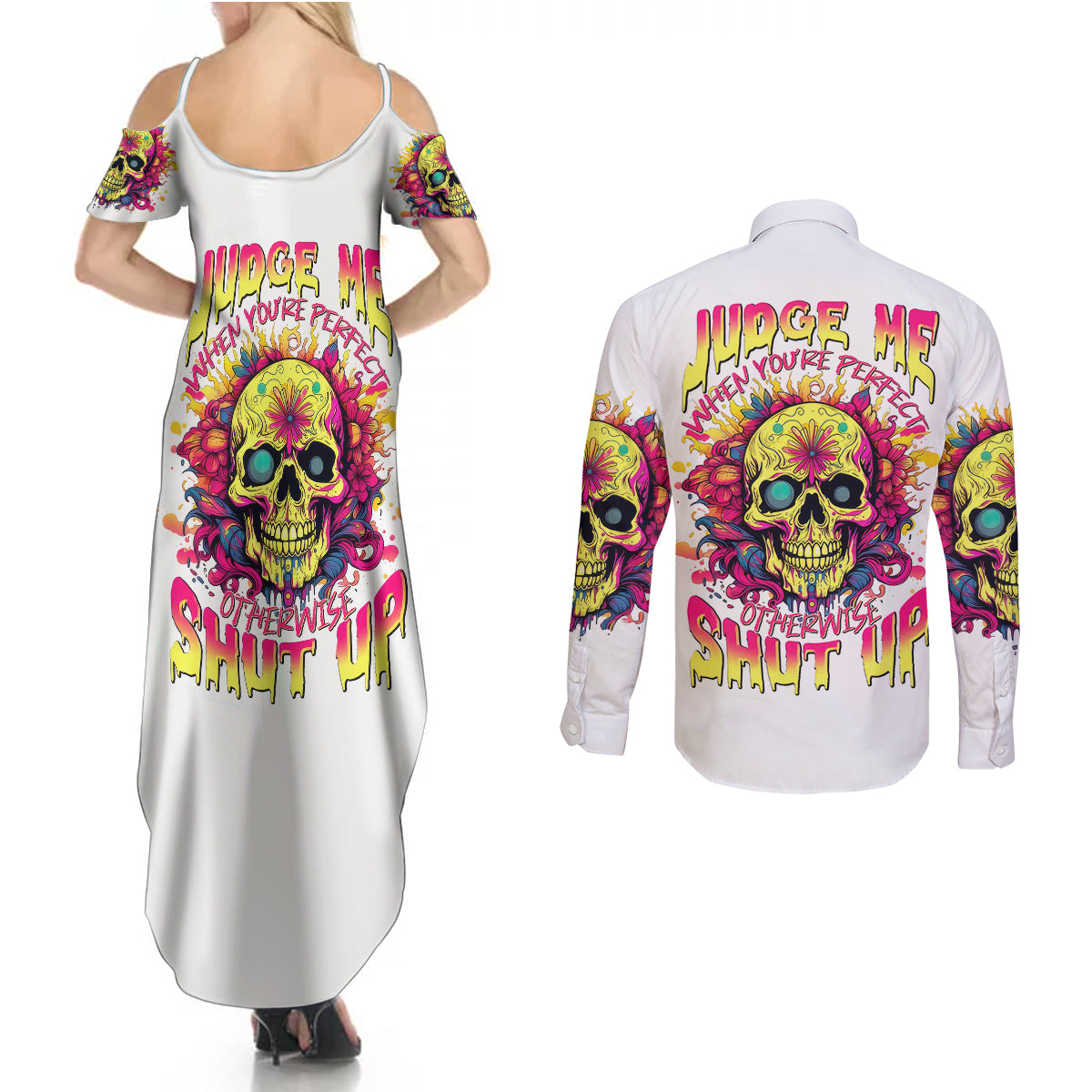 flower-skull-couples-matching-summer-maxi-dress-and-long-sleeve-button-shirts-judge-me-when-youre-perfect-otherwise-shut-up