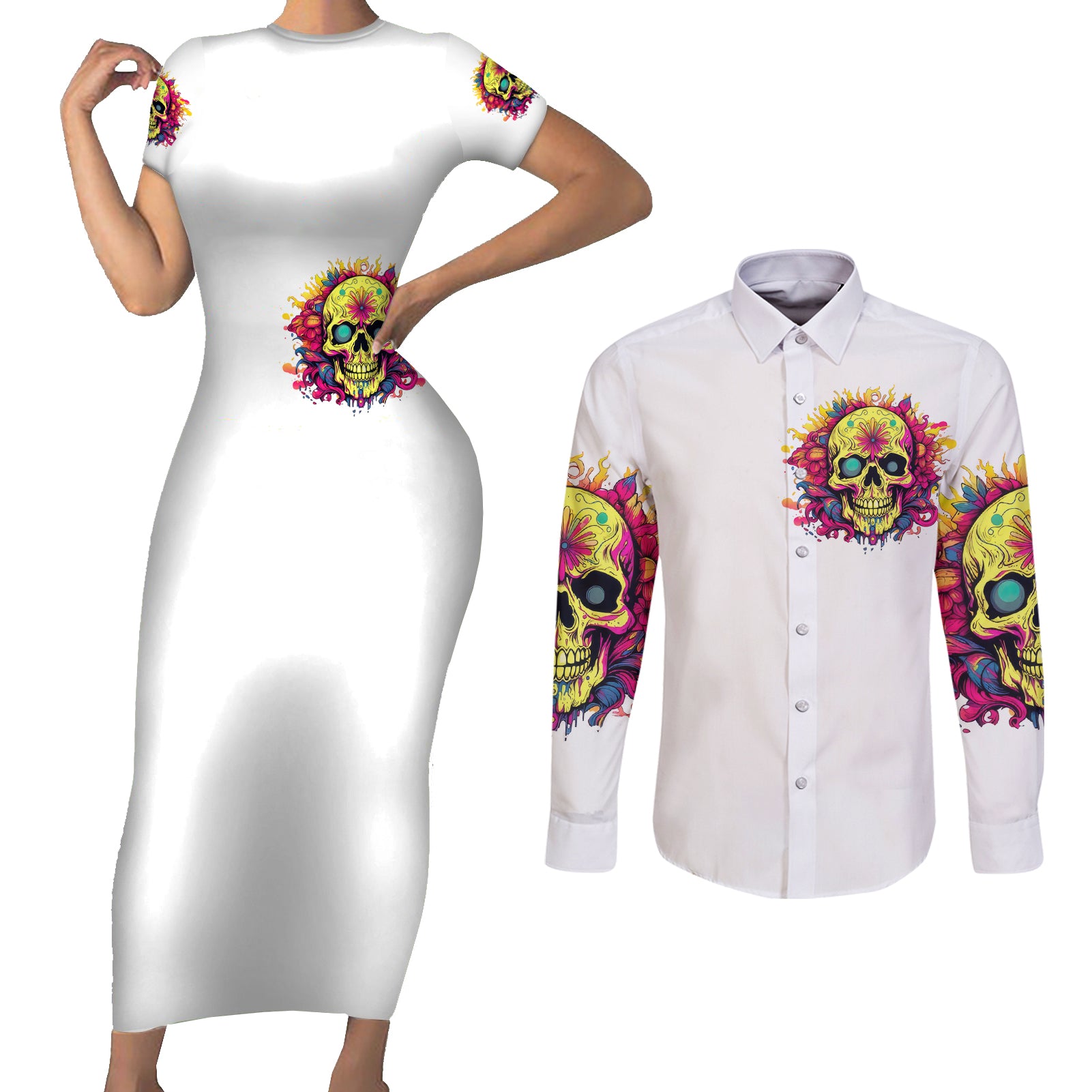 Flower Skull Couples Matching Short Sleeve Bodycon Dress and Long Sleeve Button Shirt Judge Me When You're Perfect Otherwise Shut Up