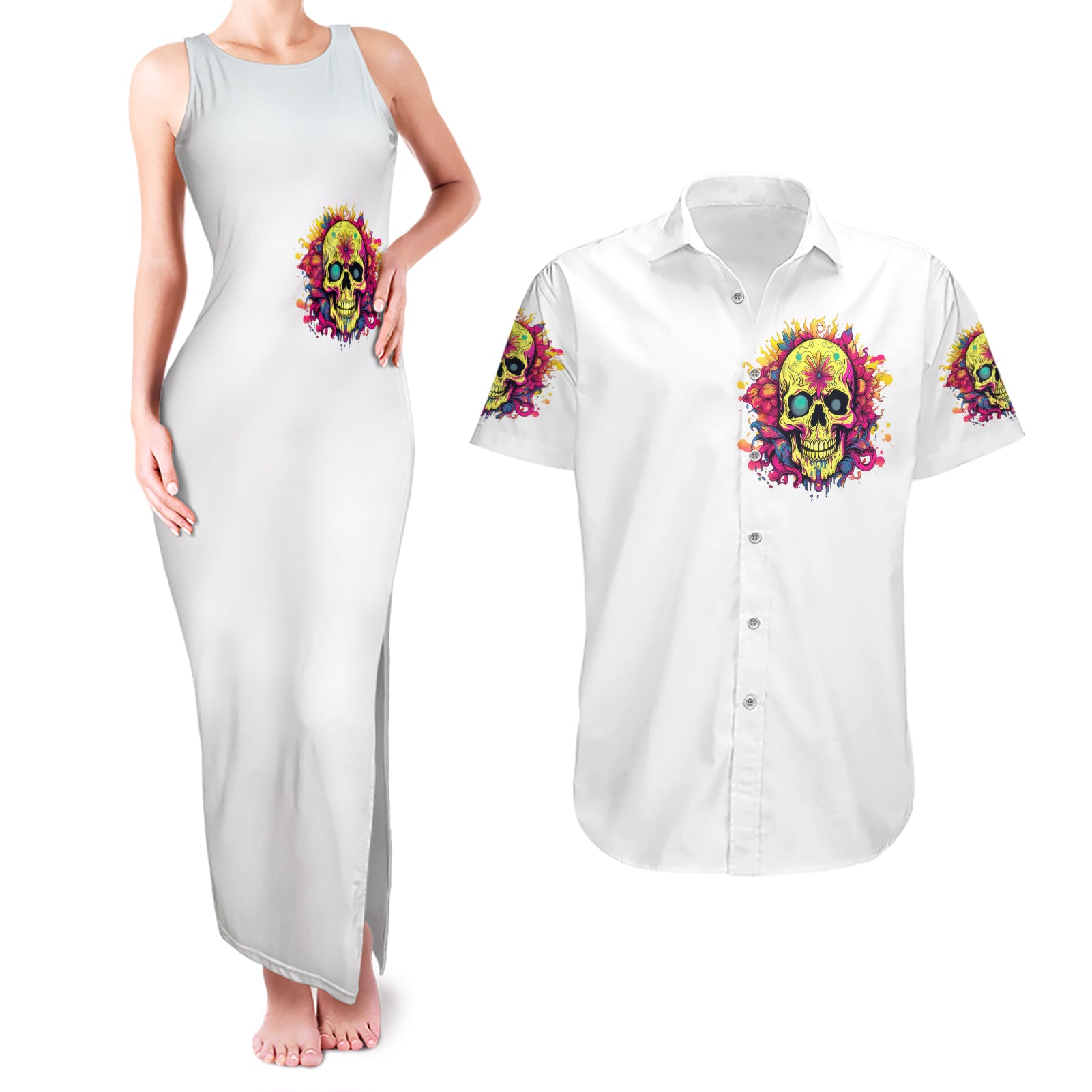 Flower Skull Couples Matching Tank Maxi Dress and Hawaiian Shirt Judge Me When You're Perfect Otherwise Shut Up