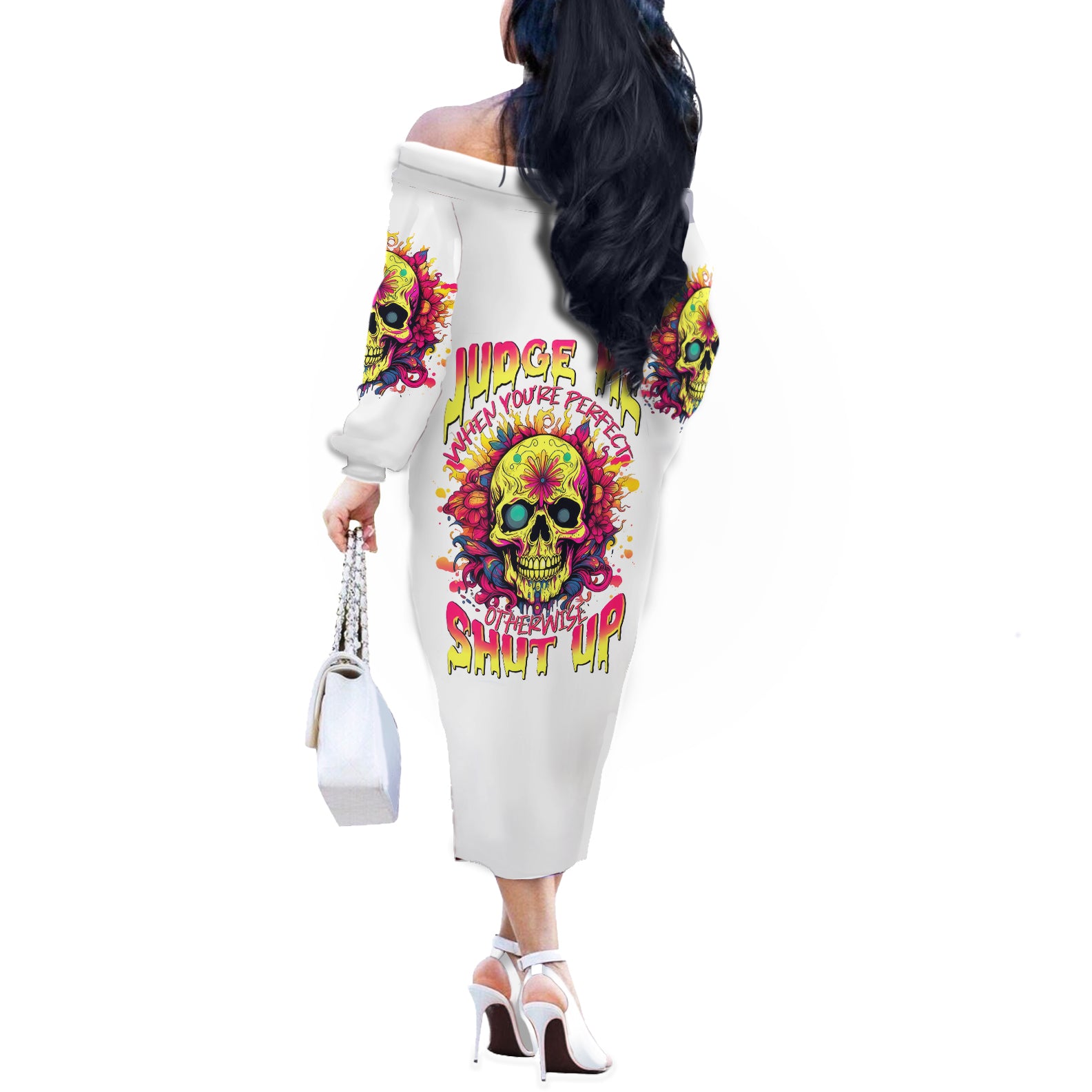 Flower Skull Off The Shoulder Long Sleeve Dress Judge Me When You're Perfect Otherwise Shut Up
