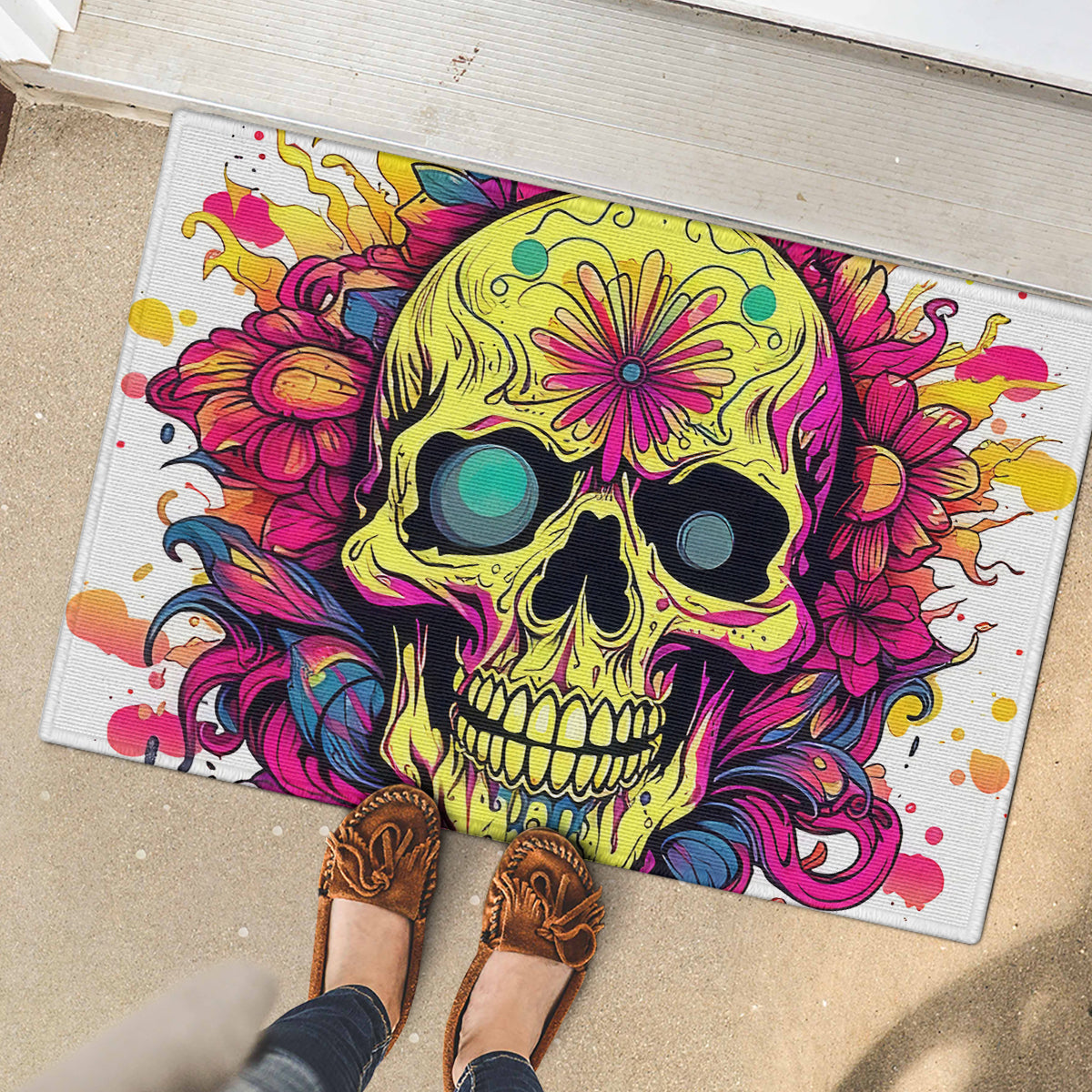 Flower Skull Rubber Doormat Judge Me When You're Perfect Otherwise Shut Up
