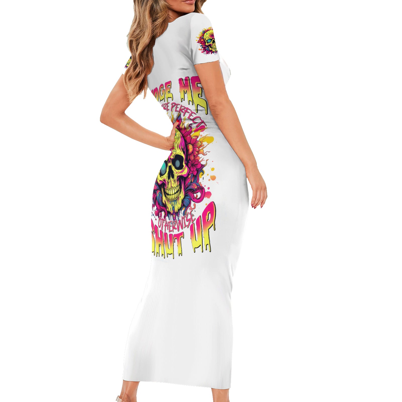 Flower Skull Short Sleeve Bodycon Dress Judge Me When You're Perfect Otherwise Shut Up