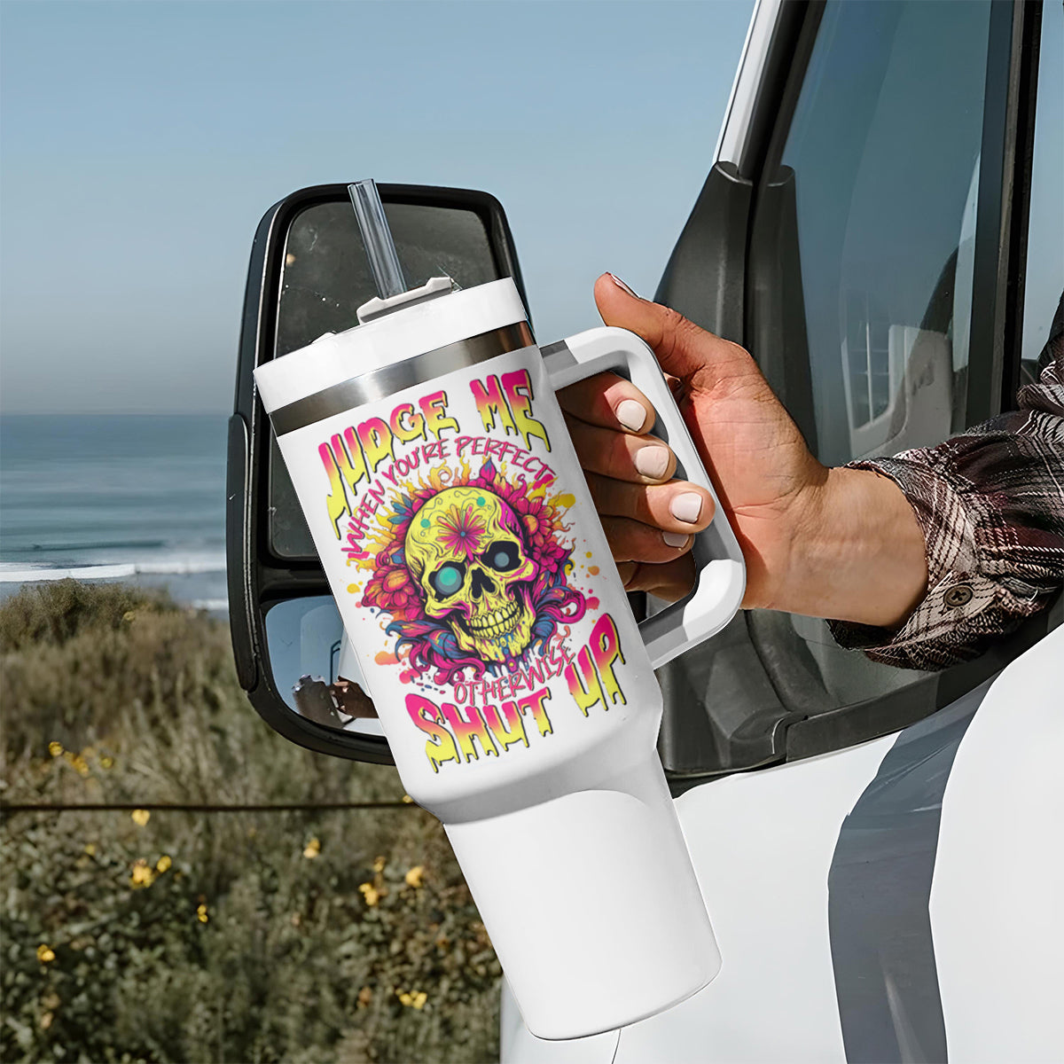 Flower Skull Tumbler With Handle Judge Me When You're Perfect Otherwise Shut Up