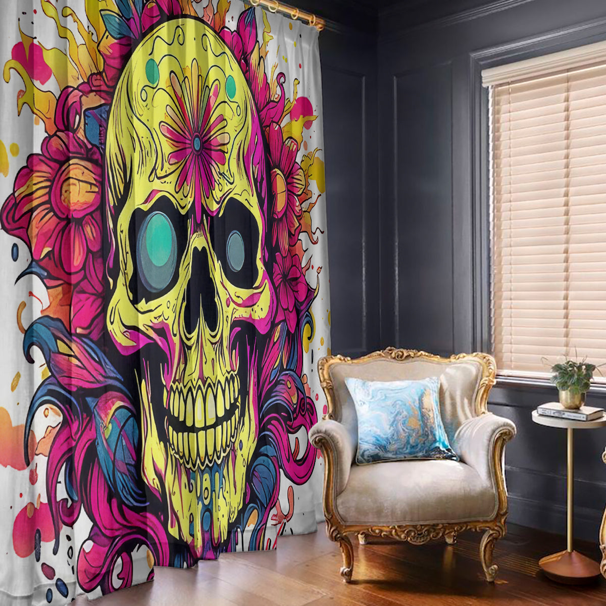 Flower Skull Window Curtain Judge Me When You're Perfect Otherwise Shut Up