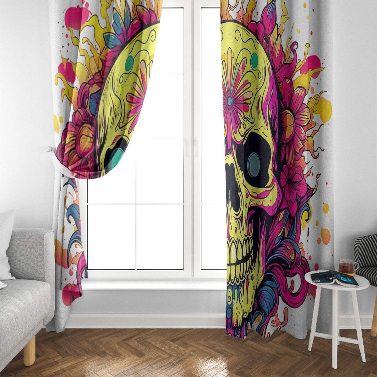 Flower Skull Window Curtain Judge Me When You're Perfect Otherwise Shut Up