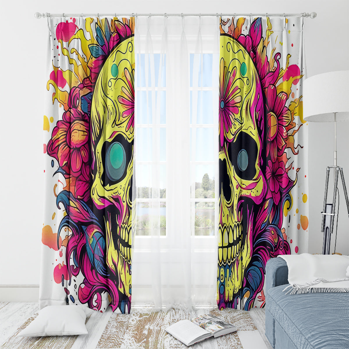 Flower Skull Window Curtain Judge Me When You're Perfect Otherwise Shut Up