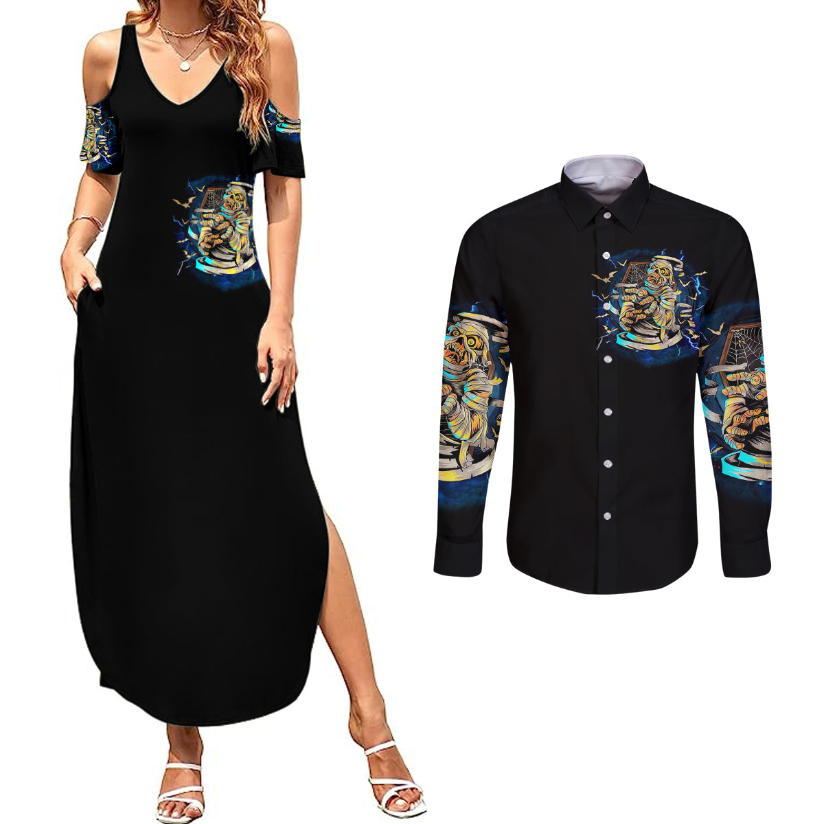 mummy-skull-couples-matching-summer-maxi-dress-and-long-sleeve-button-shirts-im-going-to-hell-to-pick-you-up