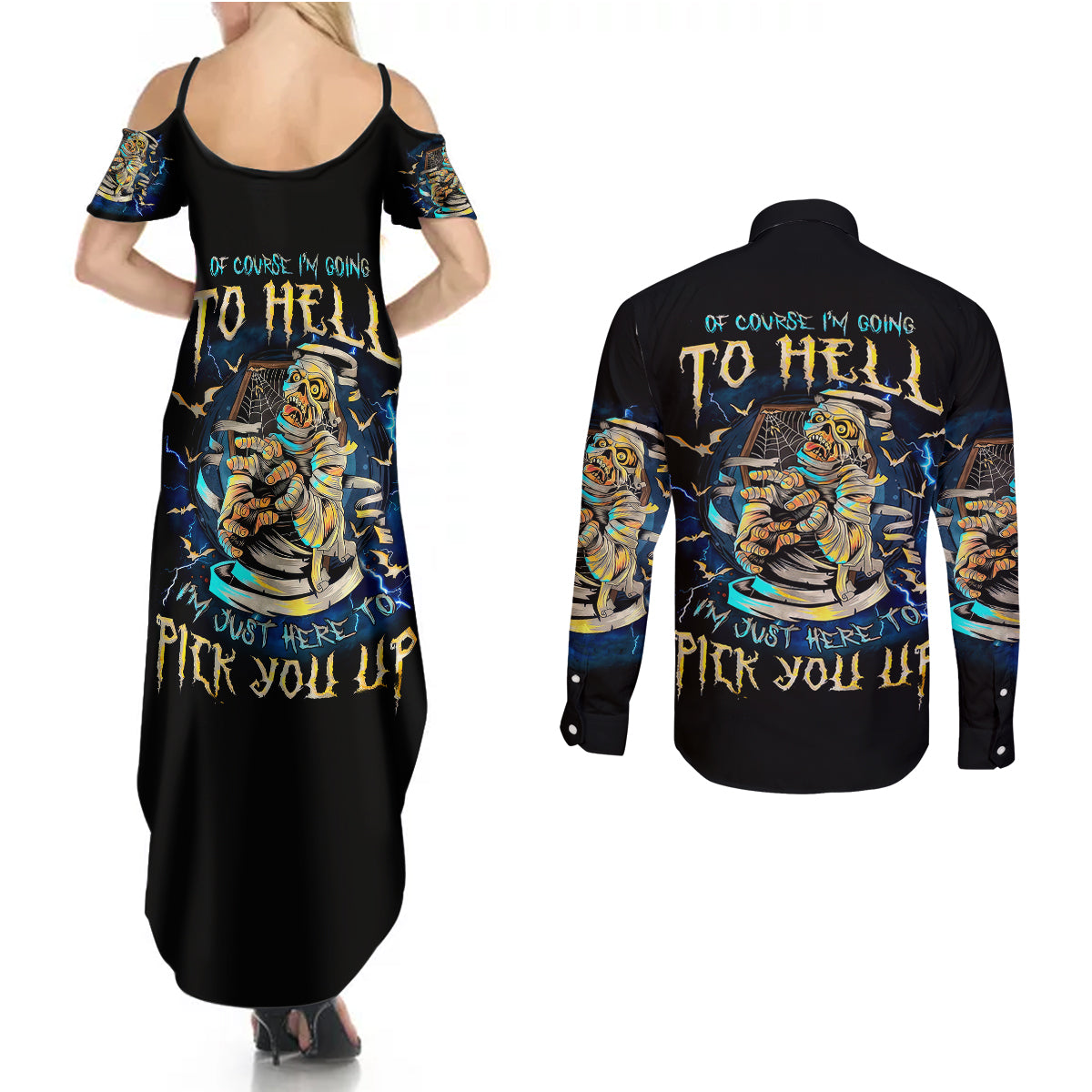 mummy-skull-couples-matching-summer-maxi-dress-and-long-sleeve-button-shirts-im-going-to-hell-to-pick-you-up